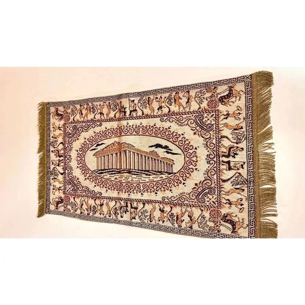 Vintage‎ Greek Mount Olympus Table Cloth Tapestry Runner Fringe Rare